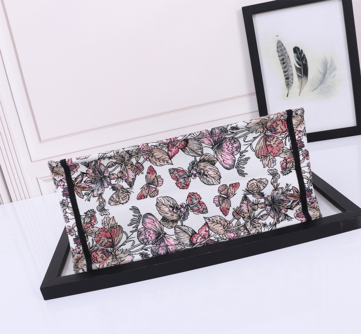Medium D*0r Book Tote White and Pastel Pink Butterfly Around The World Embroidery 14 x 11 x 6.5 inches
