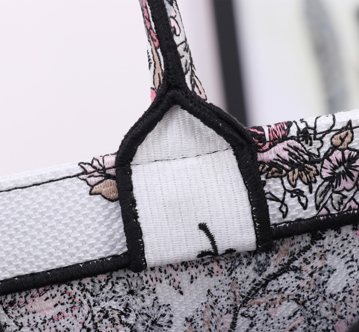 Medium D*0r Book Tote White and Pastel Pink Butterfly Around The World Embroidery 14 x 11 x 6.5 inches
