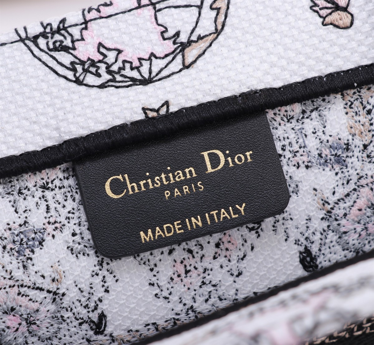 Medium D*0r Book Tote White and Pastel Pink Butterfly Around The World Embroidery 14 x 11 x 6.5 inches