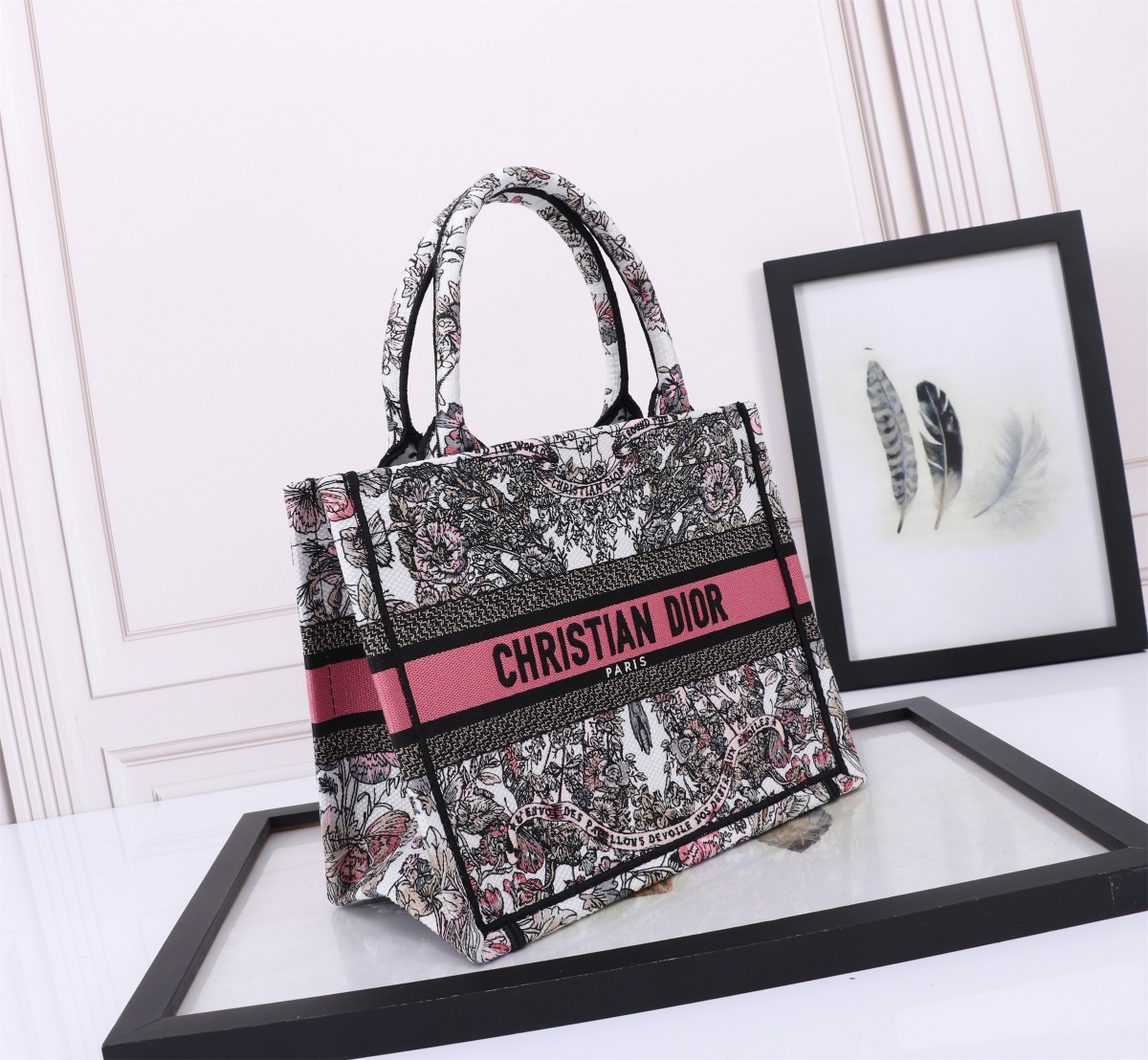 Small D*0r BOOK TOTE WHITE AND PASTEL PINK BUTTERFLY AROUND THE WORLD EMBROIDERY 10.5 x 8.5 x 5.5 inches