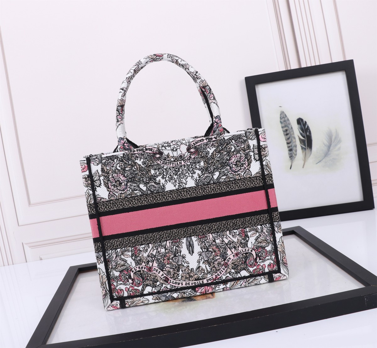 Small D*0r BOOK TOTE WHITE AND PASTEL PINK BUTTERFLY AROUND THE WORLD EMBROIDERY 10.5 x 8.5 x 5.5 inches