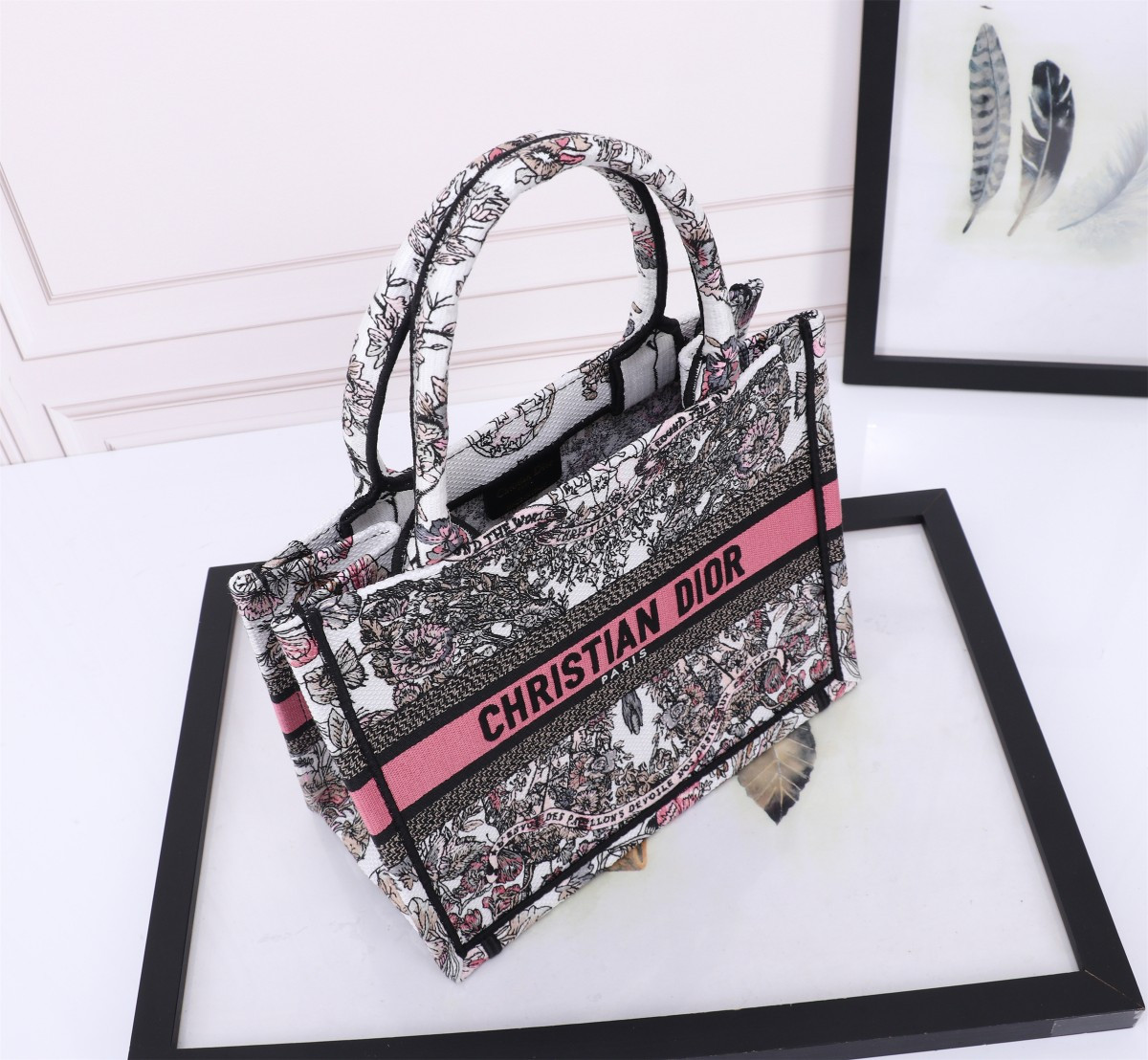 Small D*0r BOOK TOTE WHITE AND PASTEL PINK BUTTERFLY AROUND THE WORLD EMBROIDERY 10.5 x 8.5 x 5.5 inches