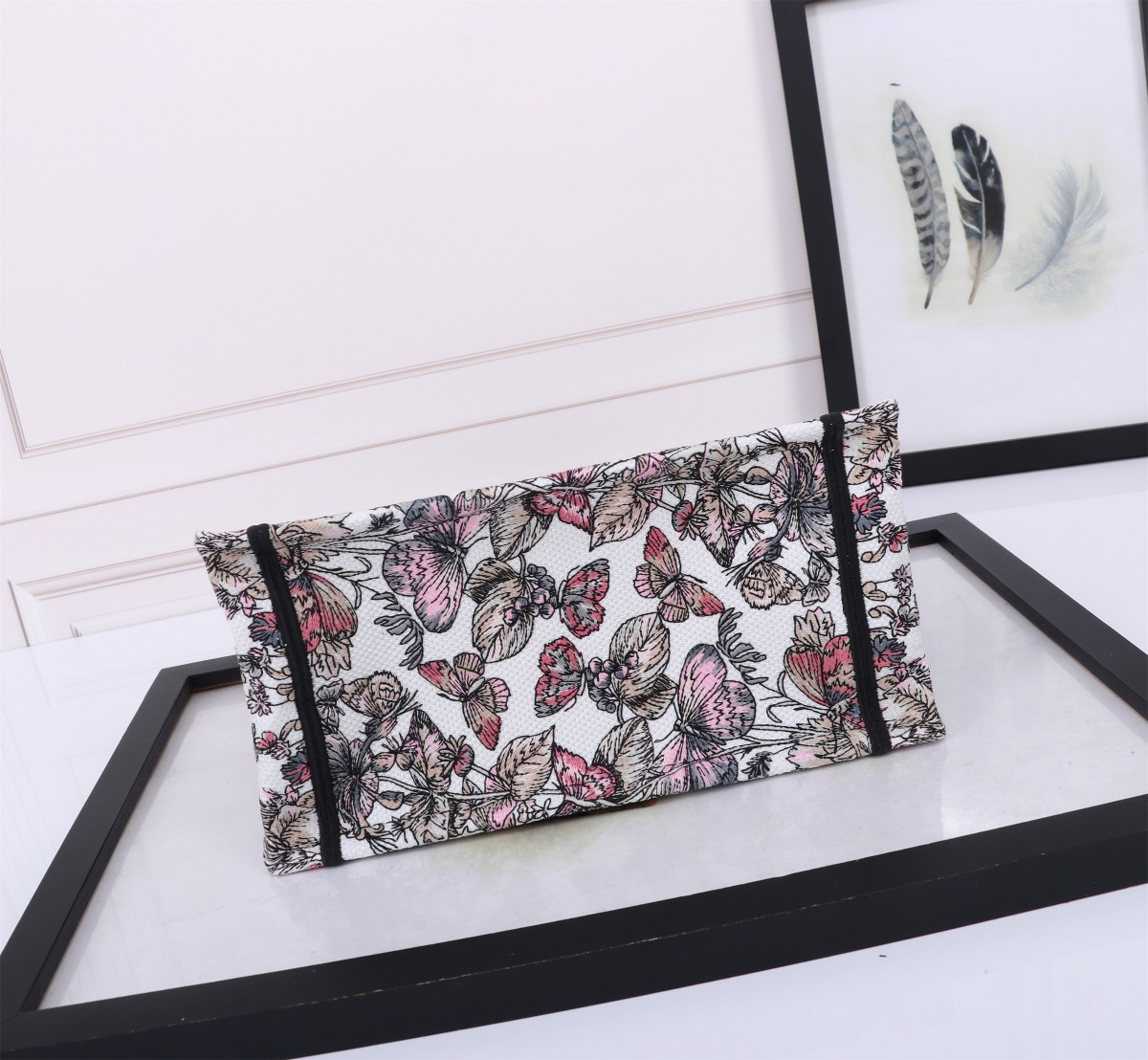 Small D*0r BOOK TOTE WHITE AND PASTEL PINK BUTTERFLY AROUND THE WORLD EMBROIDERY 10.5 x 8.5 x 5.5 inches