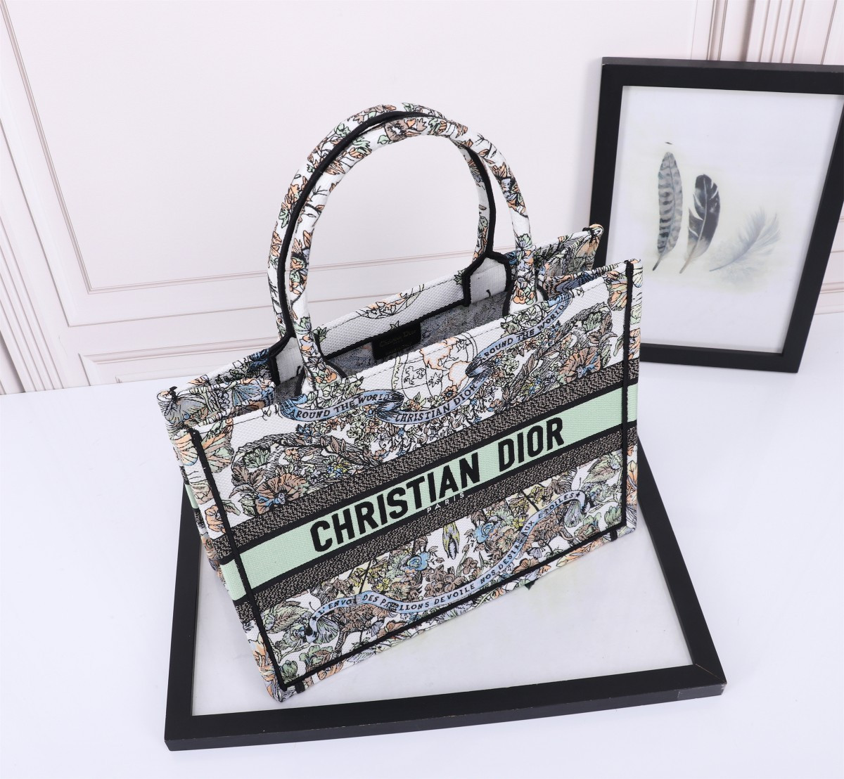 Medium D*0r Book Tote  White Multicolor Toile de Jouy Mexico Embroidery 14 x 11 x 6.5 inches