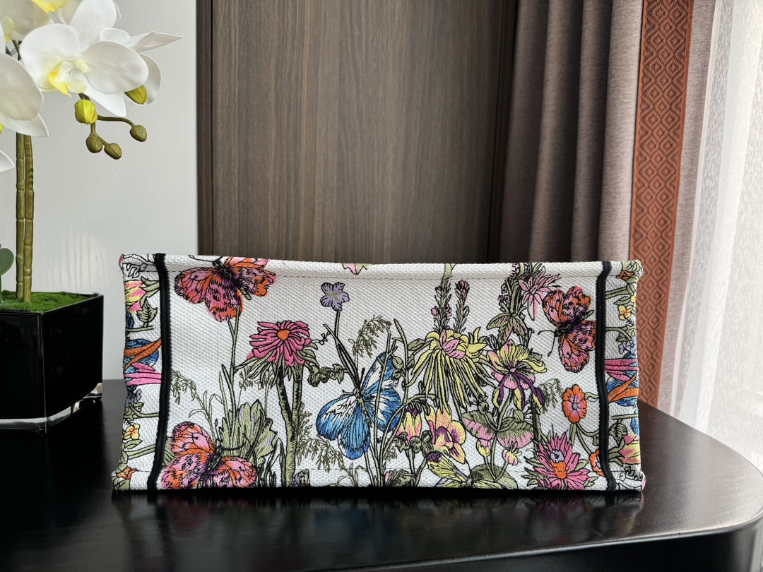Medium D*0r Book Tote White Multicolor Mexico Millefiori Embroidery 14 x 11 x 6.5 inches