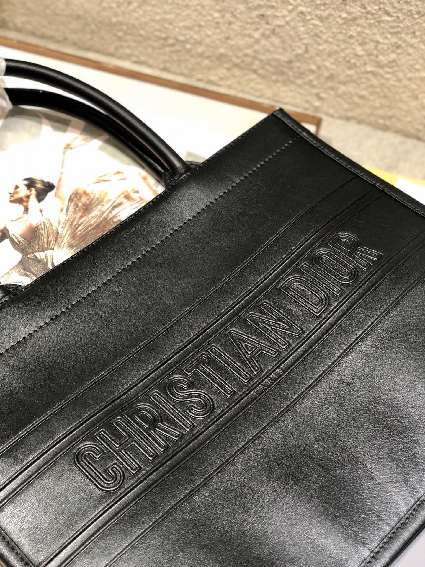 Calfskin Embossed Medium D*0r Book Tote Black 14 x 11 x 6.5 inches