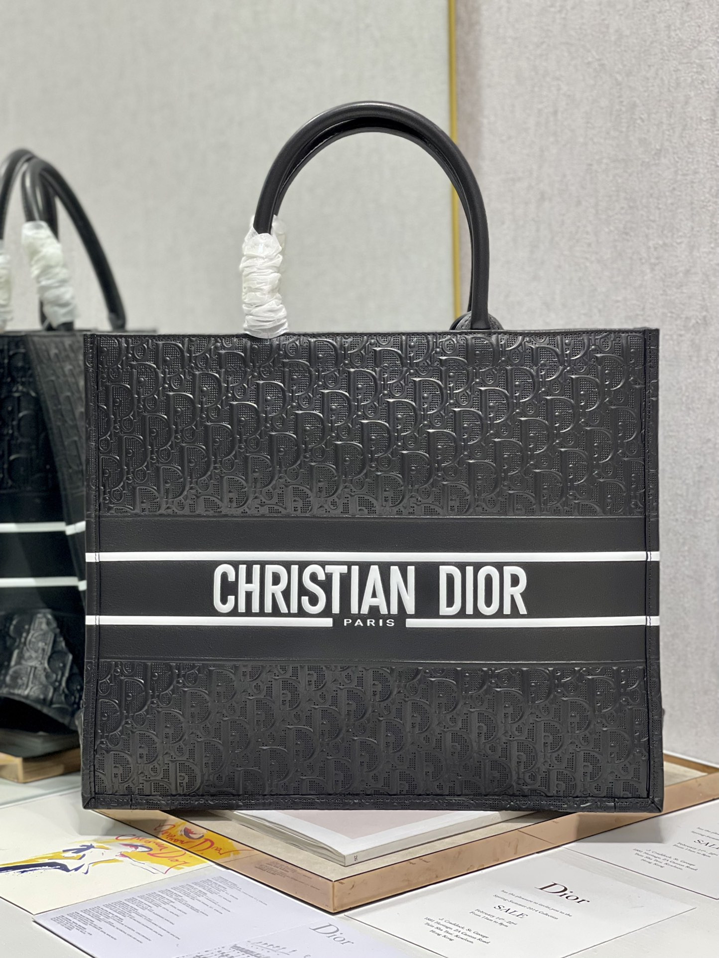 Large D*0r Book Tote Black White D*0r Oblique Embossed Calfskin 16.5 x 14 x 7.5 inches