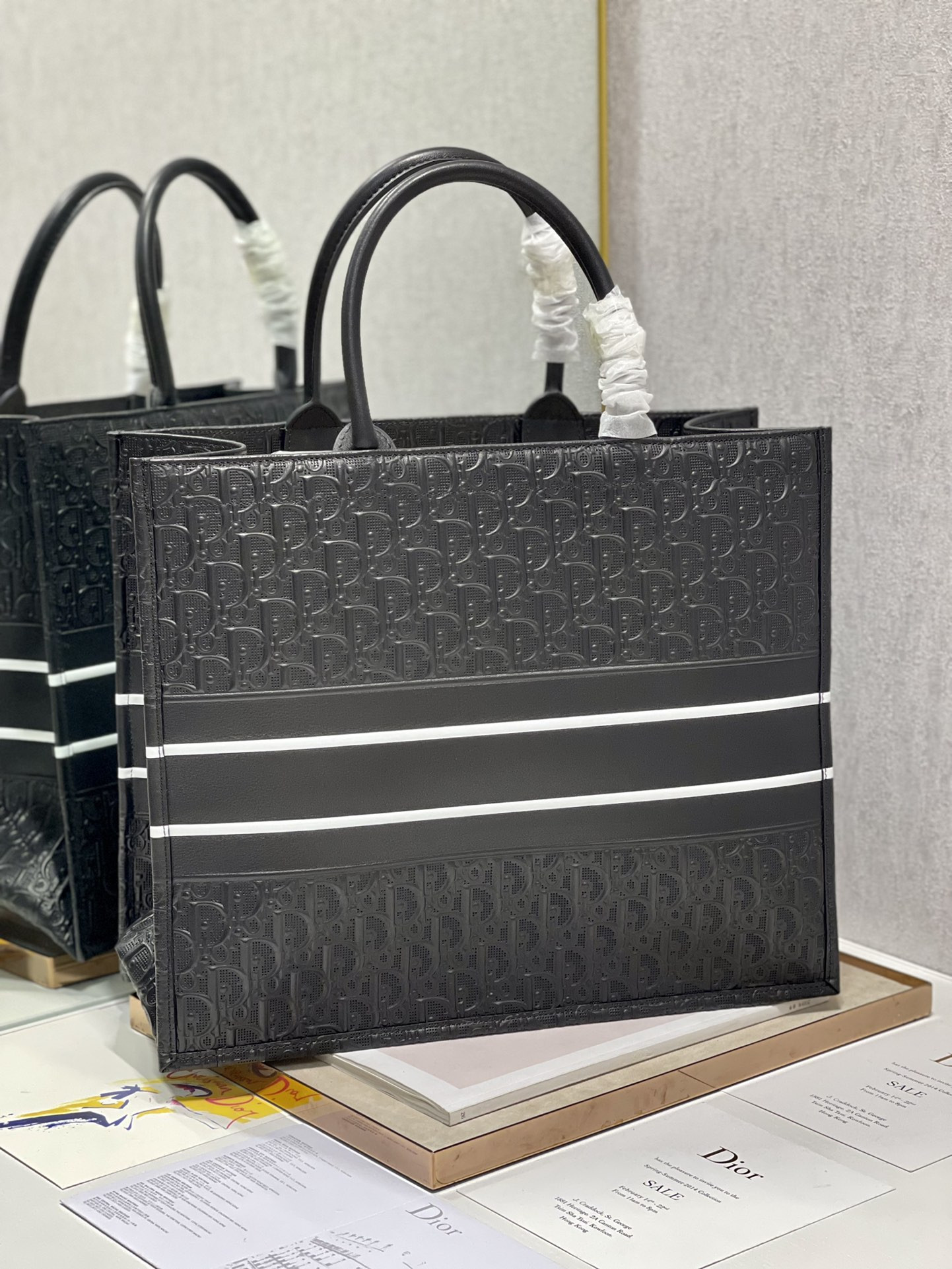 Large D*0r Book Tote Black White D*0r Oblique Embossed Calfskin 16.5 x 14 x 7.5 inches
