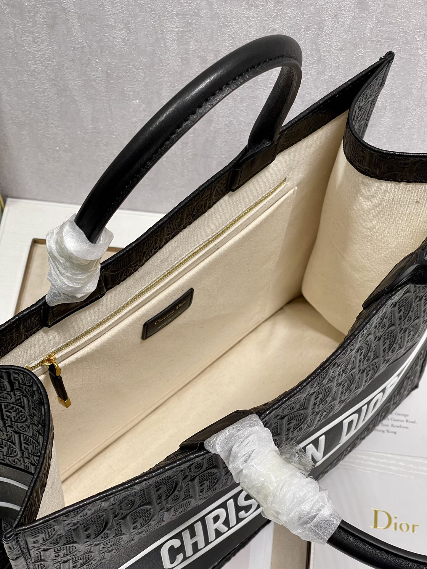 Large D*0r Book Tote Black White D*0r Oblique Embossed Calfskin 16.5 x 14 x 7.5 inches