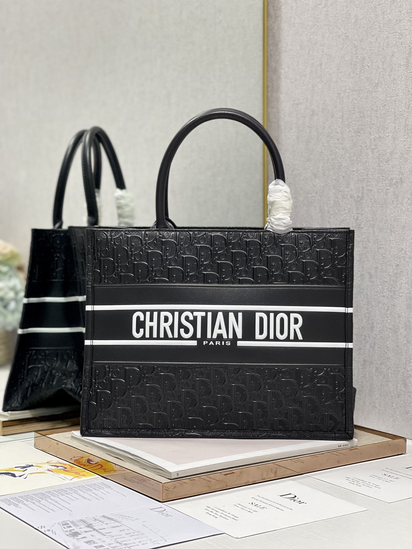 Calfskin Embossed Medium D*0r Book Tote Black WHITE 14 x 11 x 6.5 inches