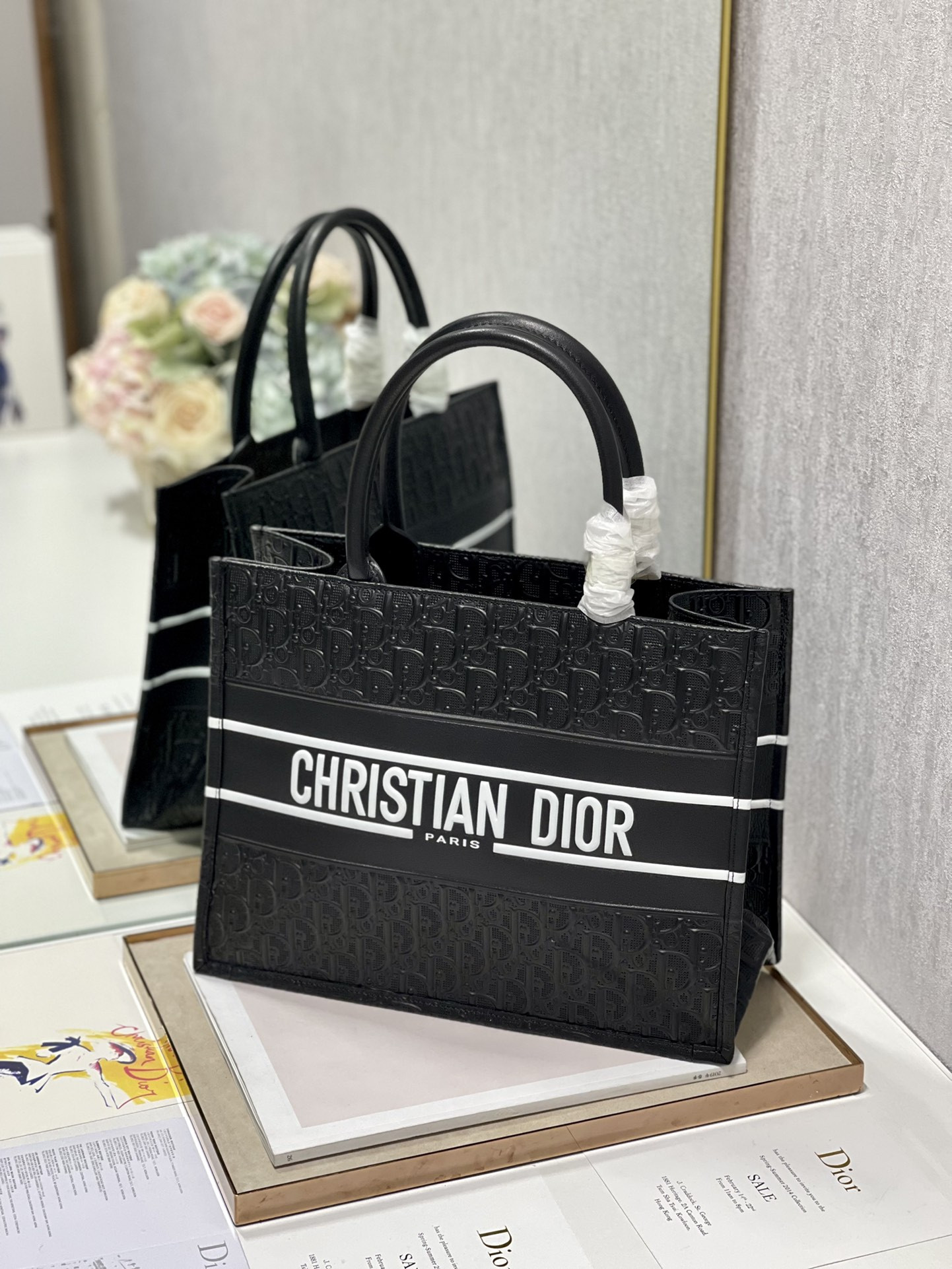 Calfskin Embossed Medium D*0r Book Tote Black WHITE 14 x 11 x 6.5 inches