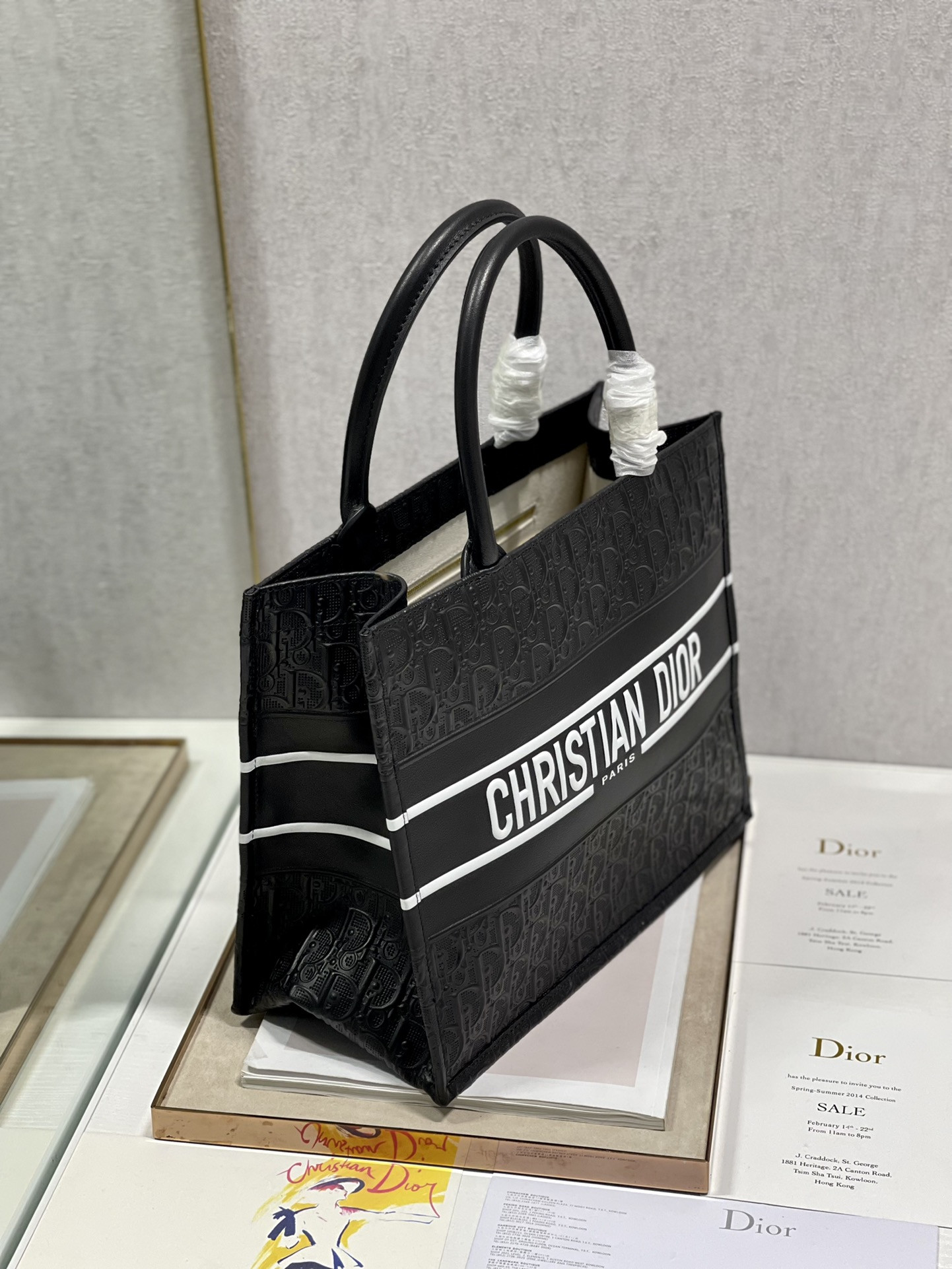 Calfskin Embossed Medium D*0r Book Tote Black WHITE 14 x 11 x 6.5 inches