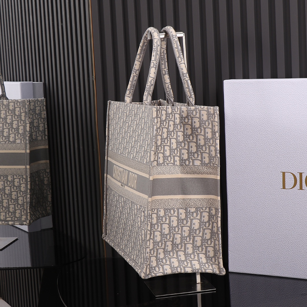 Large D*0r Book Tote Ecru and Gray D*0r Oblique Embroidery 16.5 x 14 x 7.5 inches