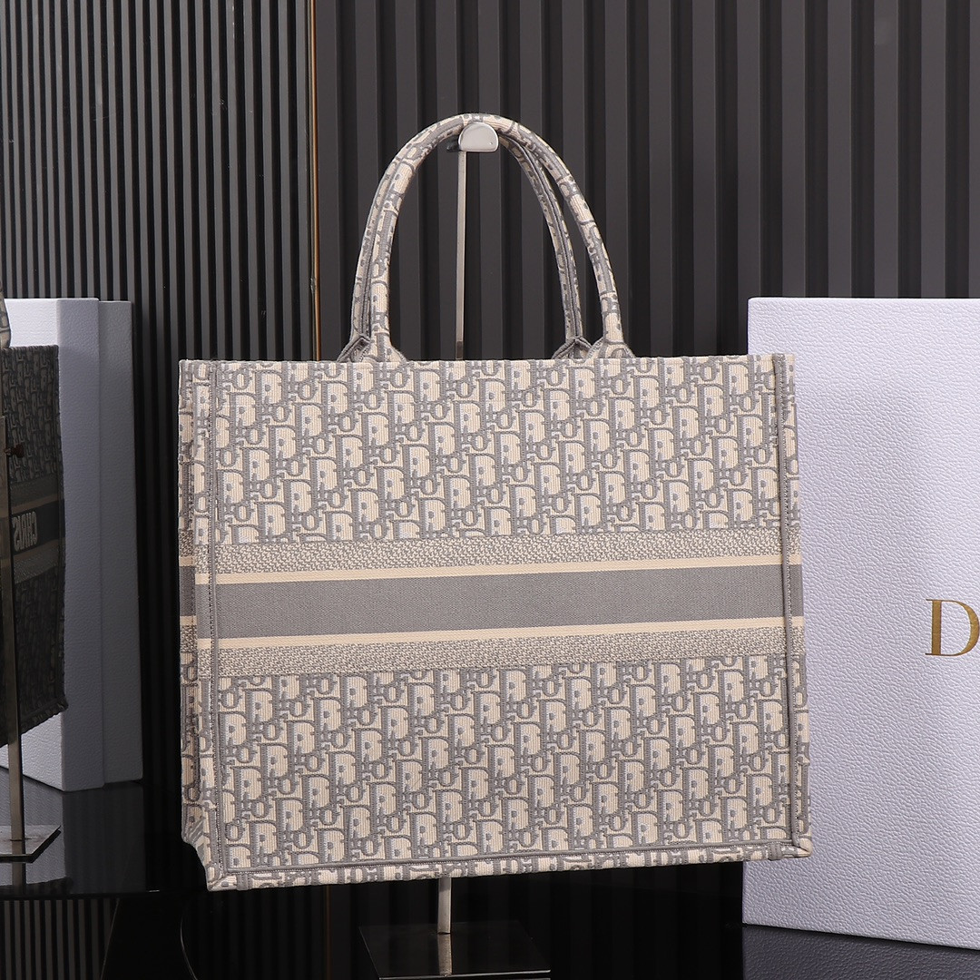 Large D*0r Book Tote Ecru and Gray D*0r Oblique Embroidery 16.5 x 14 x 7.5 inches