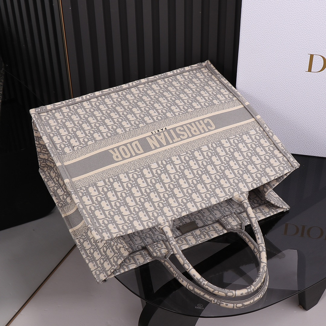 Large D*0r Book Tote Ecru and Gray D*0r Oblique Embroidery 16.5 x 14 x 7.5 inches