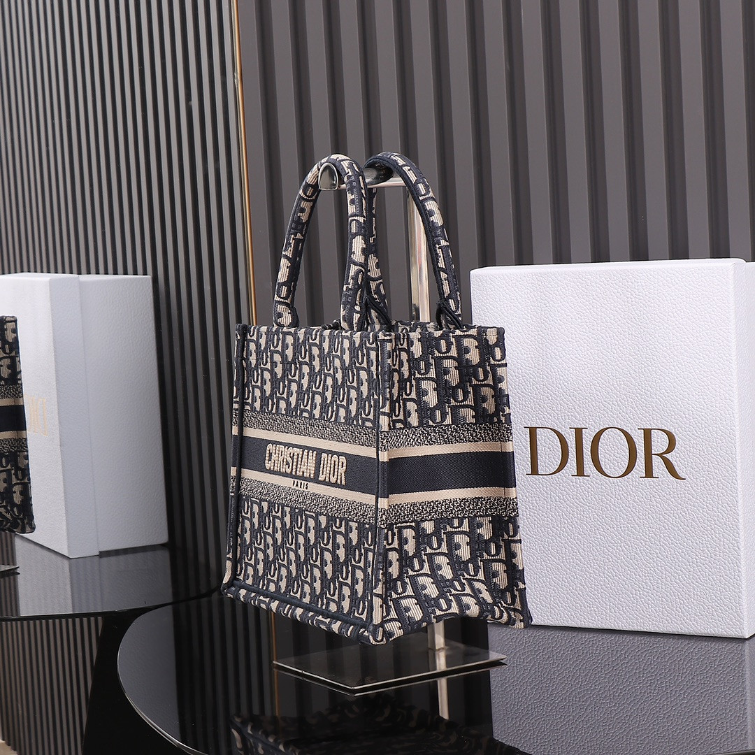 Small D*0r Book Tote Ecru and Blue D*0r Oblique Embroidery 10.5 x 8.5 x 5.5 inches