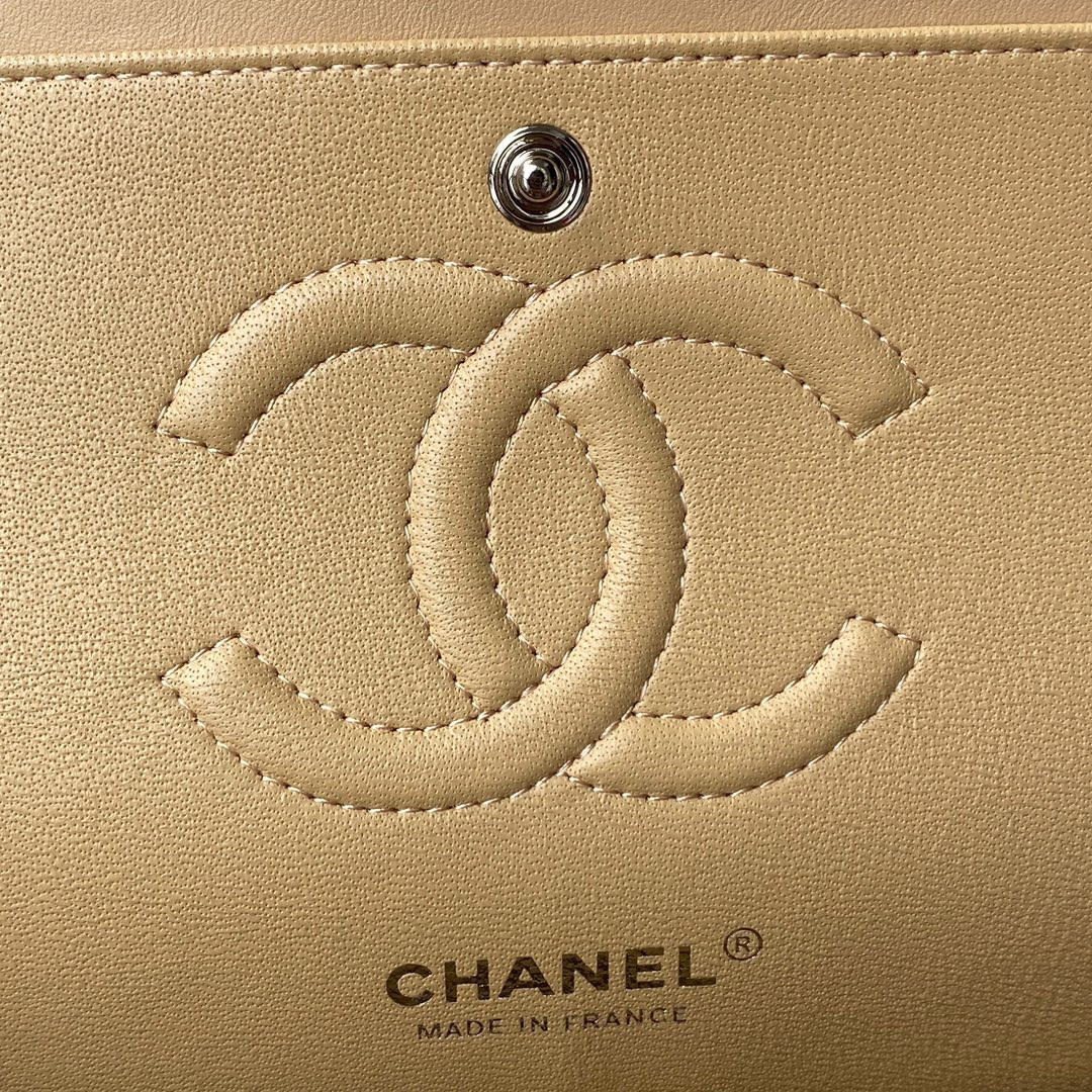 Ch*el CLASSIC HANDBAG GRAINED SHINY CALFSKIN & SILVER-TONE METAL COFFEE 6 × 9.9 × 2.5 in