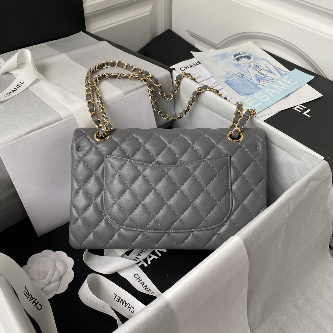 Ch*el CLASSIC HANDBAG GRAINED SHINY CALFSKIN & GOLD-TONE METAL GRAY 6 × 9.9 × 2.5 in