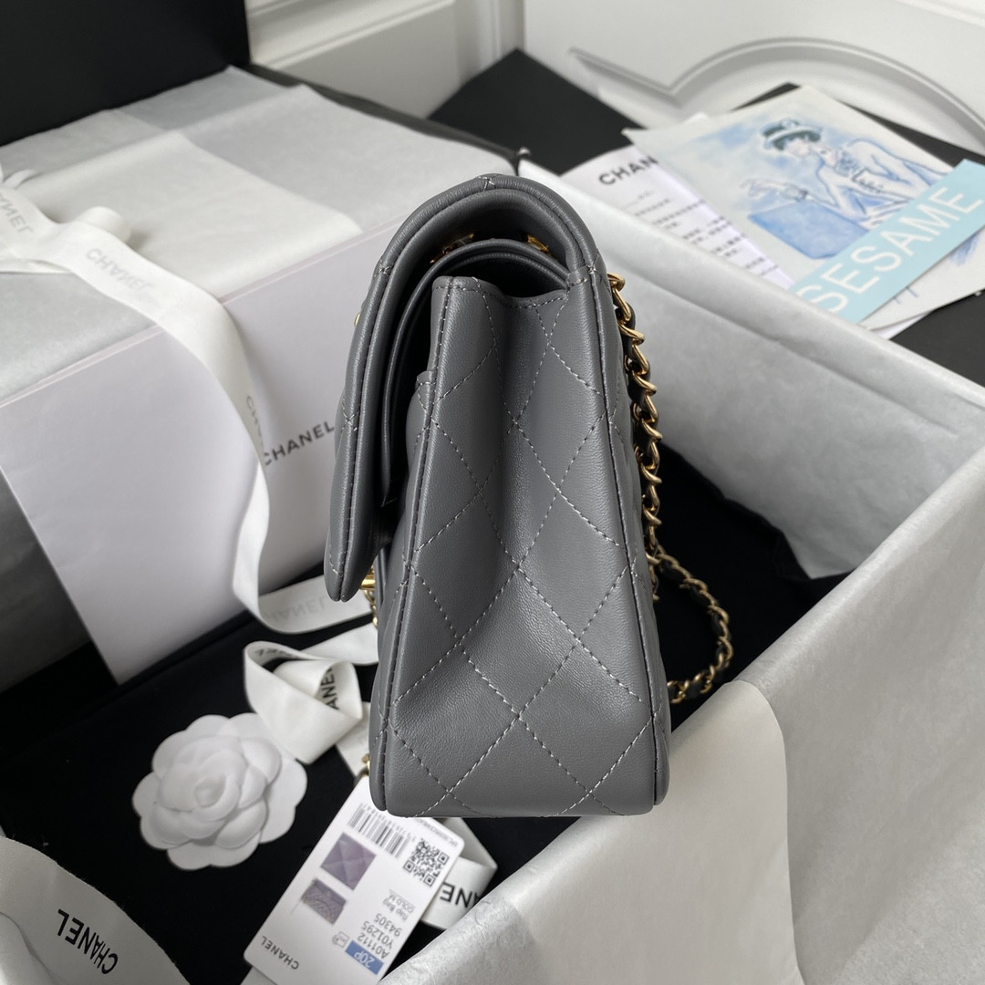 Ch*el CLASSIC HANDBAG GRAINED SHINY CALFSKIN & GOLD-TONE METAL GRAY 6 × 9.9 × 2.5 in