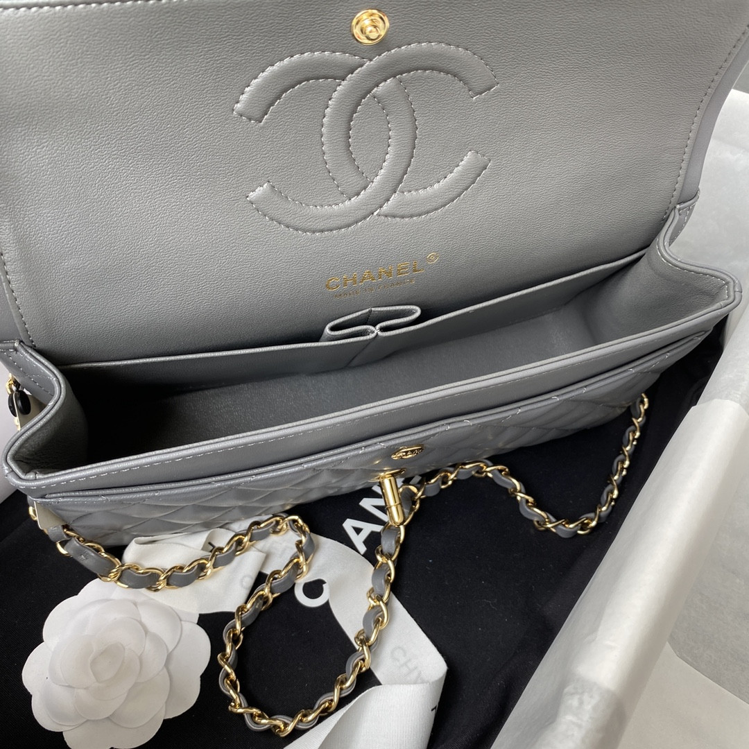 Ch*el CLASSIC HANDBAG GRAINED SHINY CALFSKIN & GOLD-TONE METAL GRAY 6 × 9.9 × 2.5 in