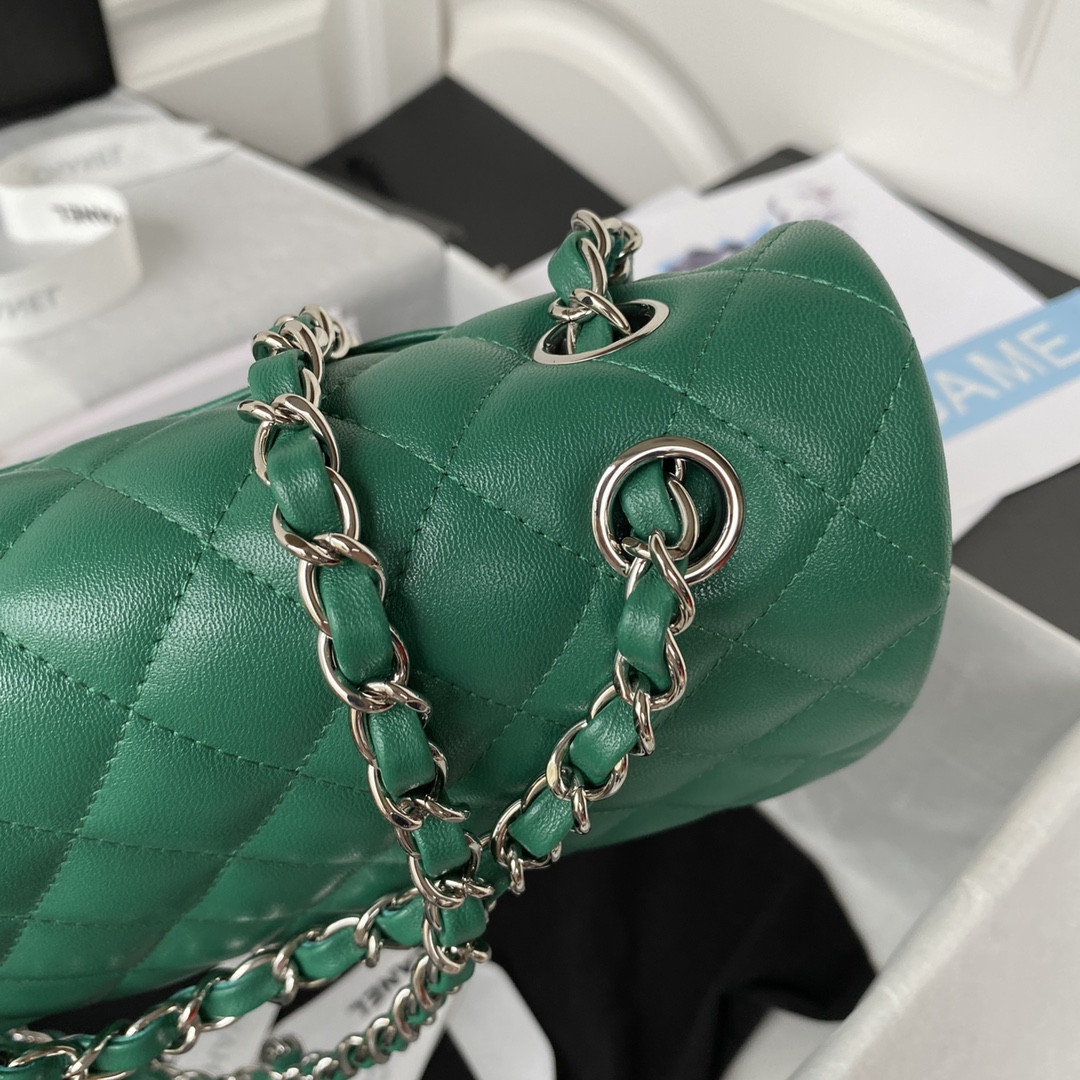 Ch*el CLASSIC HANDBAG GRAINED SHINY CALFSKIN & SILVER-TONE METAL GREEN 6 × 9.9 × 2.5 in