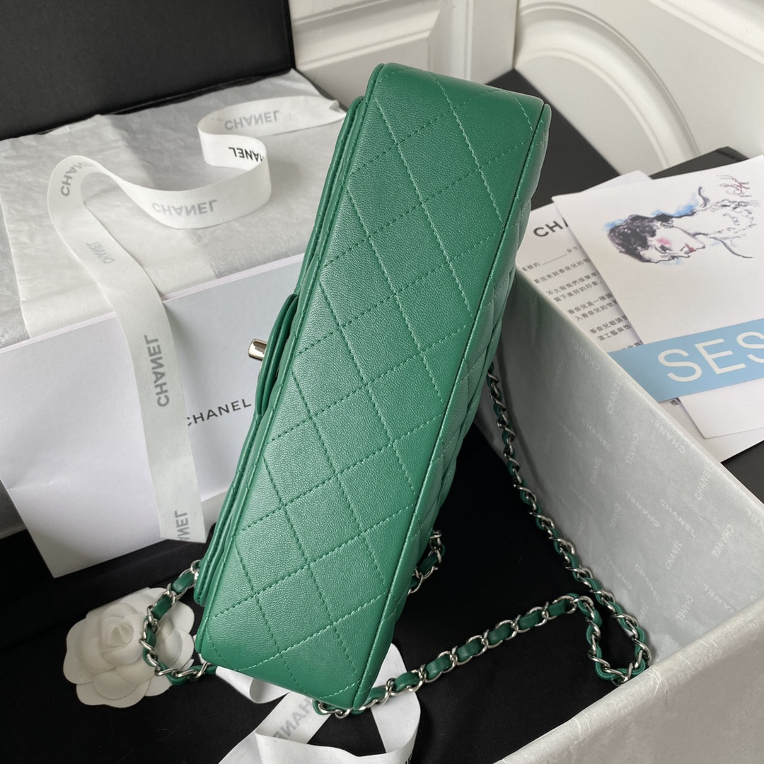 Ch*el CLASSIC HANDBAG GRAINED SHINY CALFSKIN & SILVER-TONE METAL GREEN 6 × 9.9 × 2.5 in