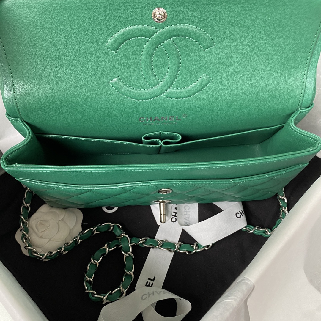 Ch*el CLASSIC HANDBAG GRAINED SHINY CALFSKIN & SILVER-TONE METAL GREEN 6 × 9.9 × 2.5 in