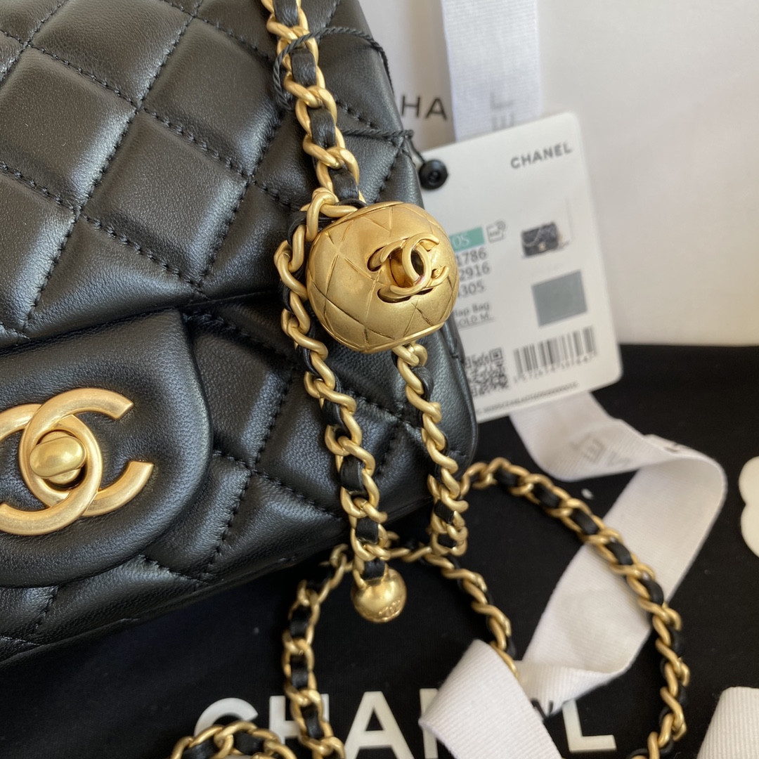 Ch*el MINI FLAP BAG SHINY CALFSKIN & Gold-Tone METAL BLACK 5.3 × 6.6 × 3.1 in