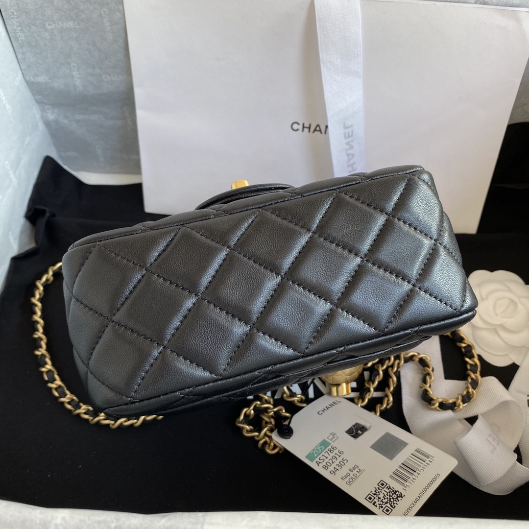 Ch*el MINI FLAP BAG SHINY CALFSKIN & Gold-Tone METAL BLACK 5.3 × 6.6 × 3.1 in