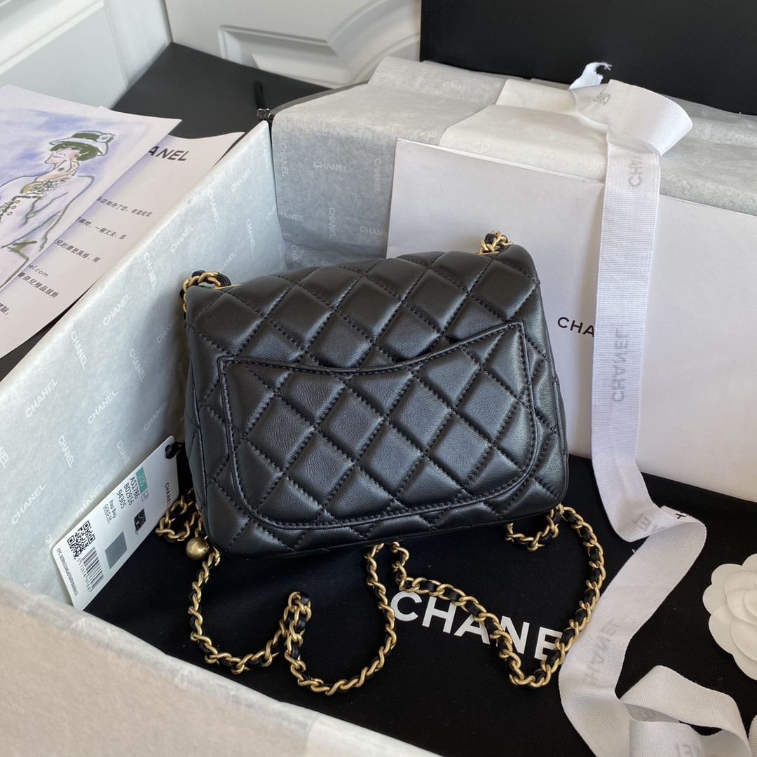 Ch*el MINI FLAP BAG SHINY CALFSKIN & Gold-Tone METAL BLACK 5.3 × 6.6 × 3.1 in