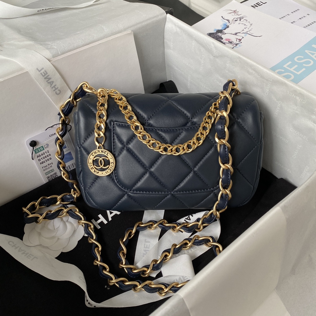 Ch*el MINI FLAP BAG NAVY 4.7 × 7.8 × 2.3 in