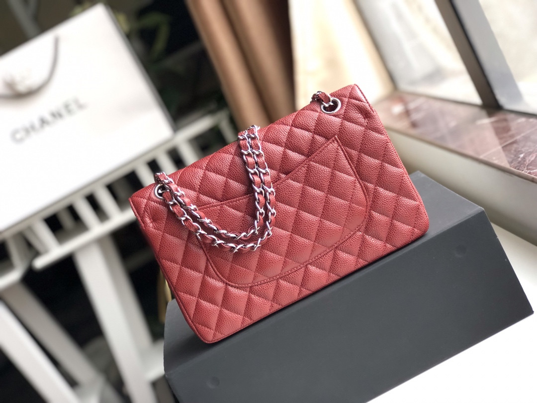 Ch*el CLASSIC HANDBAG GRAINED CALFSKIN & SILVER-TONE METAL red 6 × 9.9 × 2.5 in