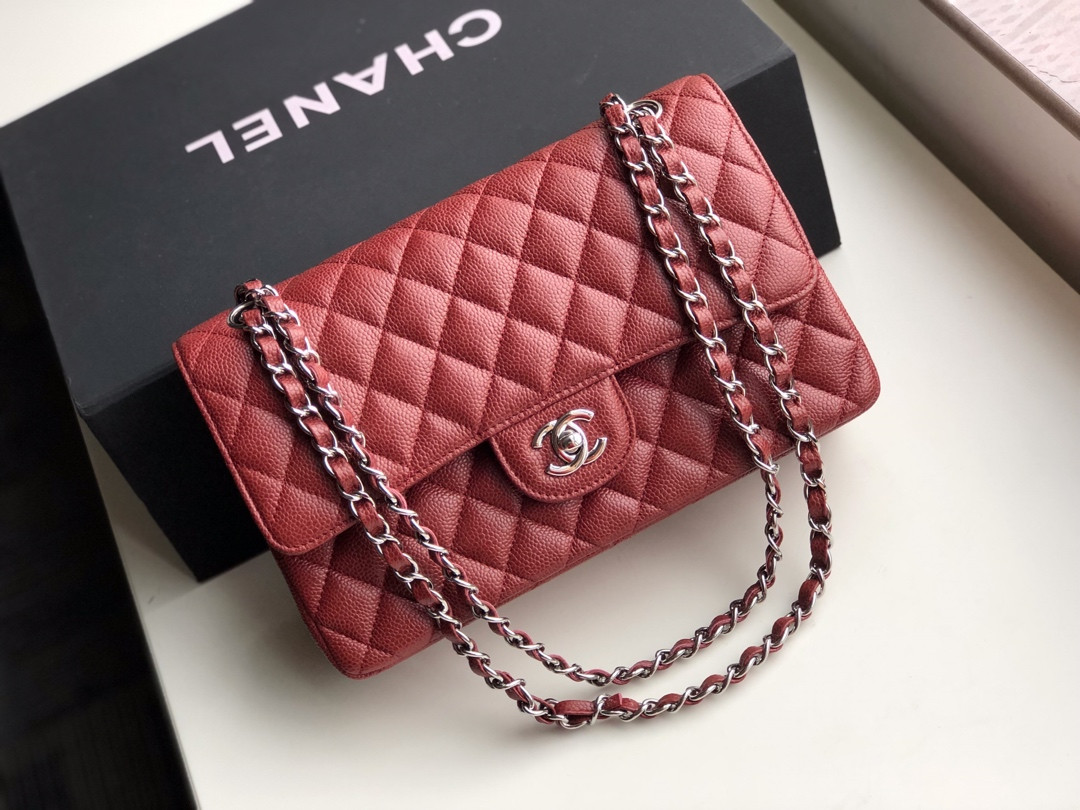 Ch*el CLASSIC HANDBAG GRAINED CALFSKIN & SILVER-TONE METAL red 6 × 9.9 × 2.5 in
