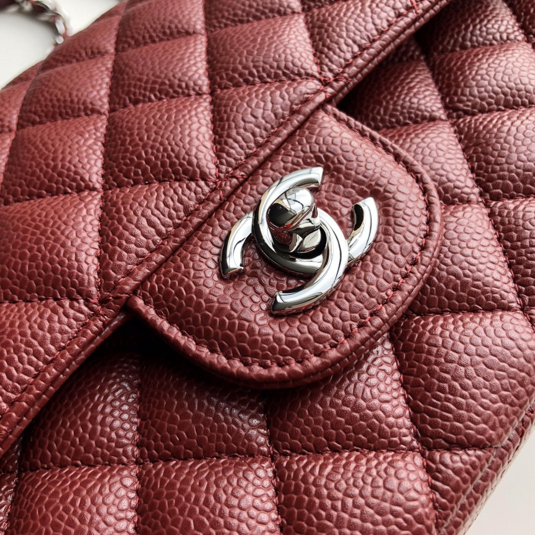 Ch*el CLASSIC HANDBAG GRAINED CALFSKIN & SILVER-TONE METAL red 6 × 9.9 × 2.5 in