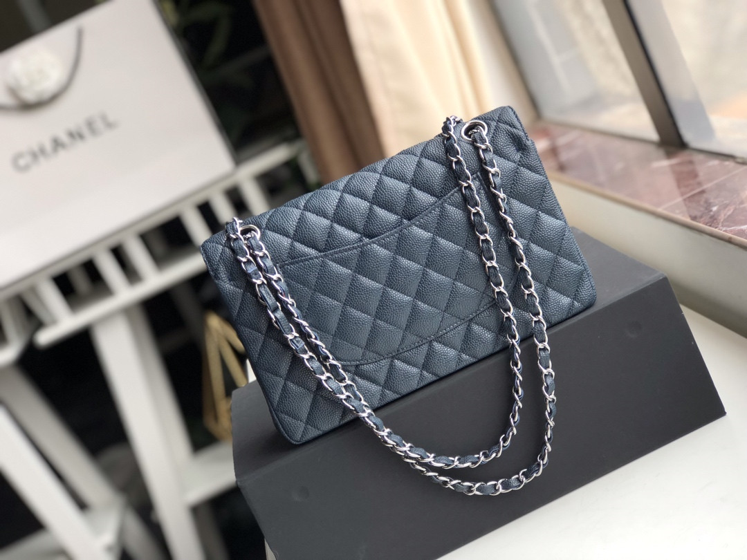 Ch*el CLASSIC HANDBAG GRAINED CALFSKIN & SILVER-TONE METAL NAVY 6 × 9.9 × 2.5 in