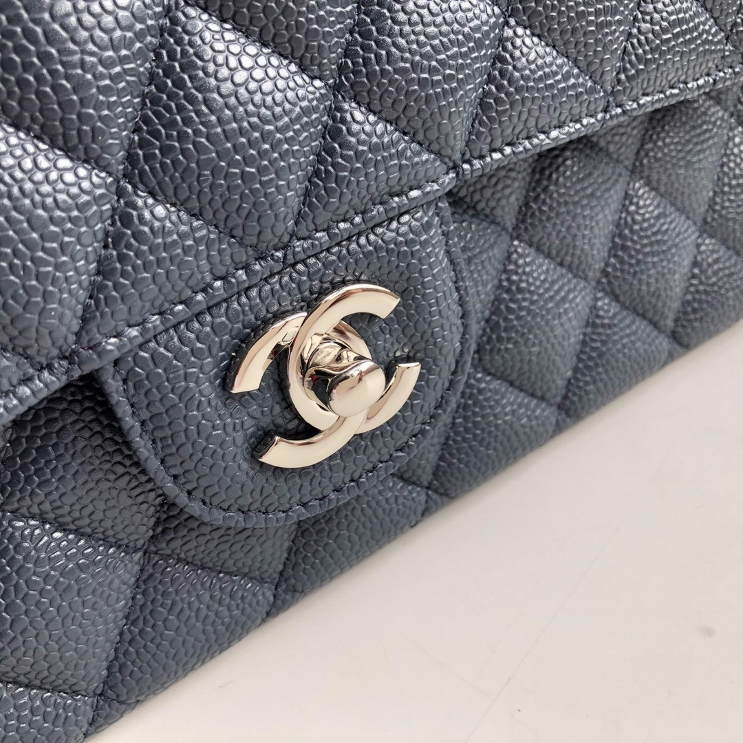 Ch*el CLASSIC HANDBAG GRAINED CALFSKIN & SILVER-TONE METAL NAVY 6 × 9.9 × 2.5 in