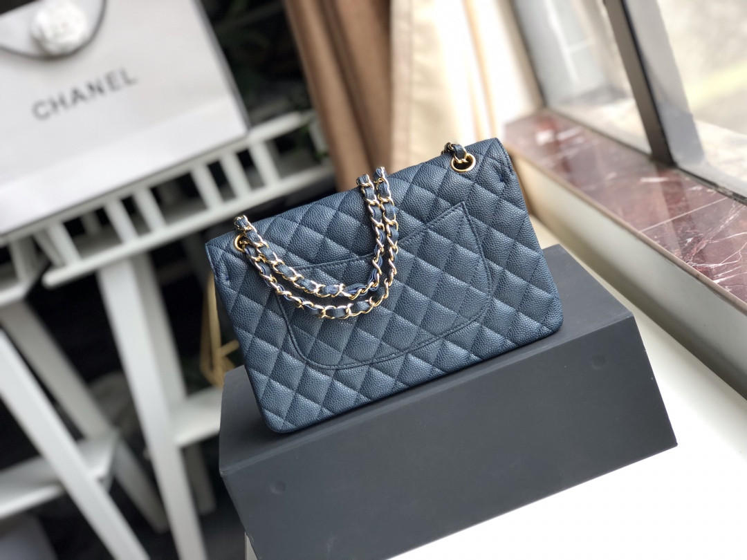 Ch*el CLASSIC HANDBAG GRAINED CALFSKIN & GOLD-TONE METAL NAVY 6 × 9.9 × 2.5 in