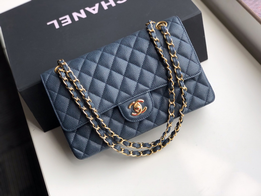 Ch*el CLASSIC HANDBAG GRAINED CALFSKIN & GOLD-TONE METAL NAVY 6 × 9.9 × 2.5 in