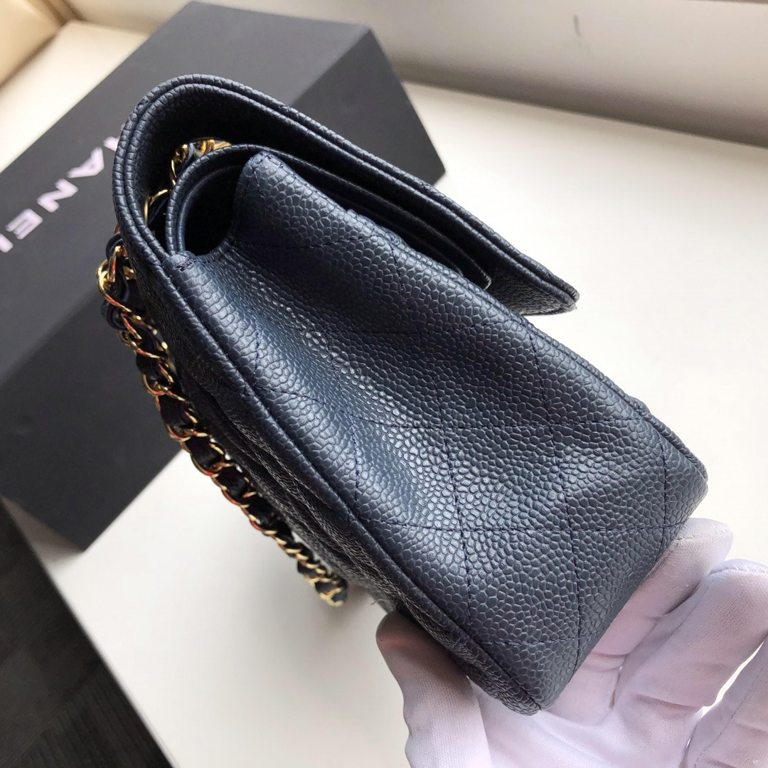 Ch*el CLASSIC HANDBAG GRAINED CALFSKIN & GOLD-TONE METAL NAVY 6 × 9.9 × 2.5 in