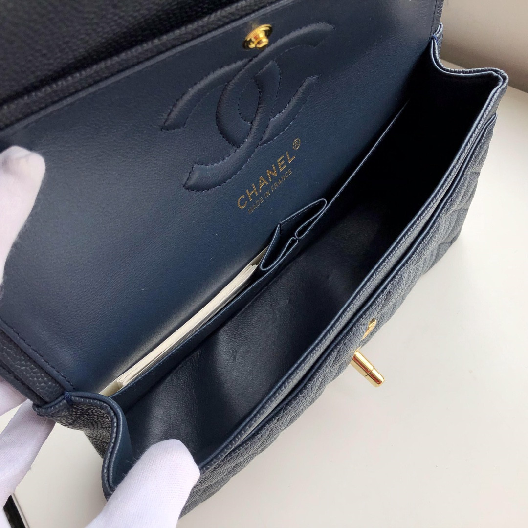 Ch*el CLASSIC HANDBAG GRAINED CALFSKIN & GOLD-TONE METAL NAVY 6 × 9.9 × 2.5 in