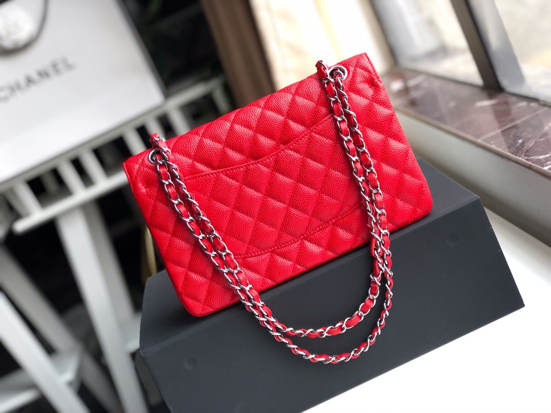 Ch*el CLASSIC HANDBAG GRAINED CALFSKIN & SILVER-TONE METAL SHINY red 6 × 9.9 × 2.5 in