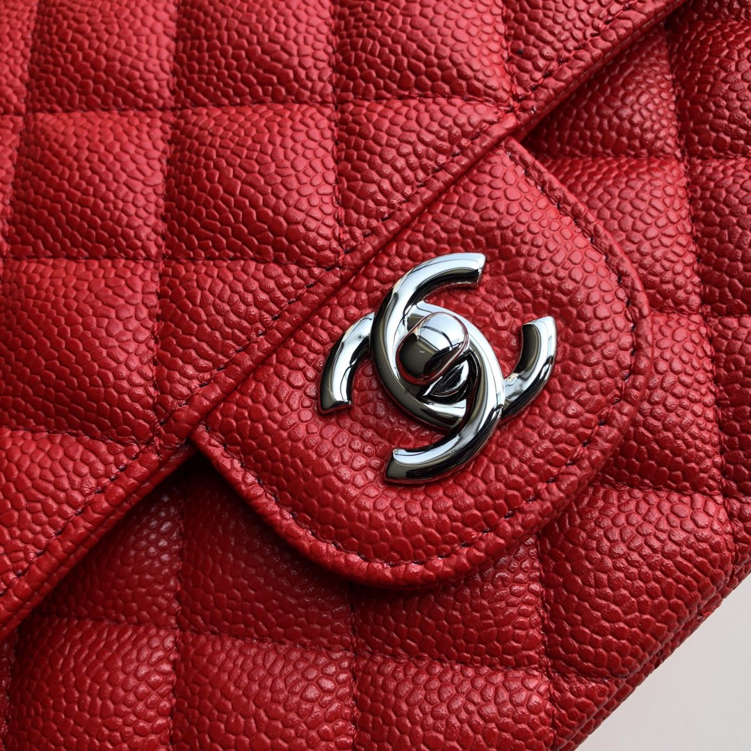 Ch*el CLASSIC HANDBAG GRAINED CALFSKIN & SILVER-TONE METAL SHINY red 6 × 9.9 × 2.5 in
