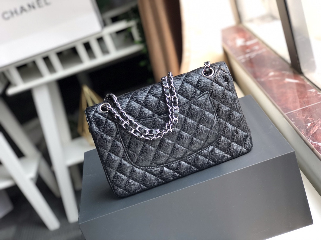 Ch*el CLASSIC HANDBAG GRAINED CALFSKIN & SILVER-TONE METAL black 6 × 9.9 × 2.5 in