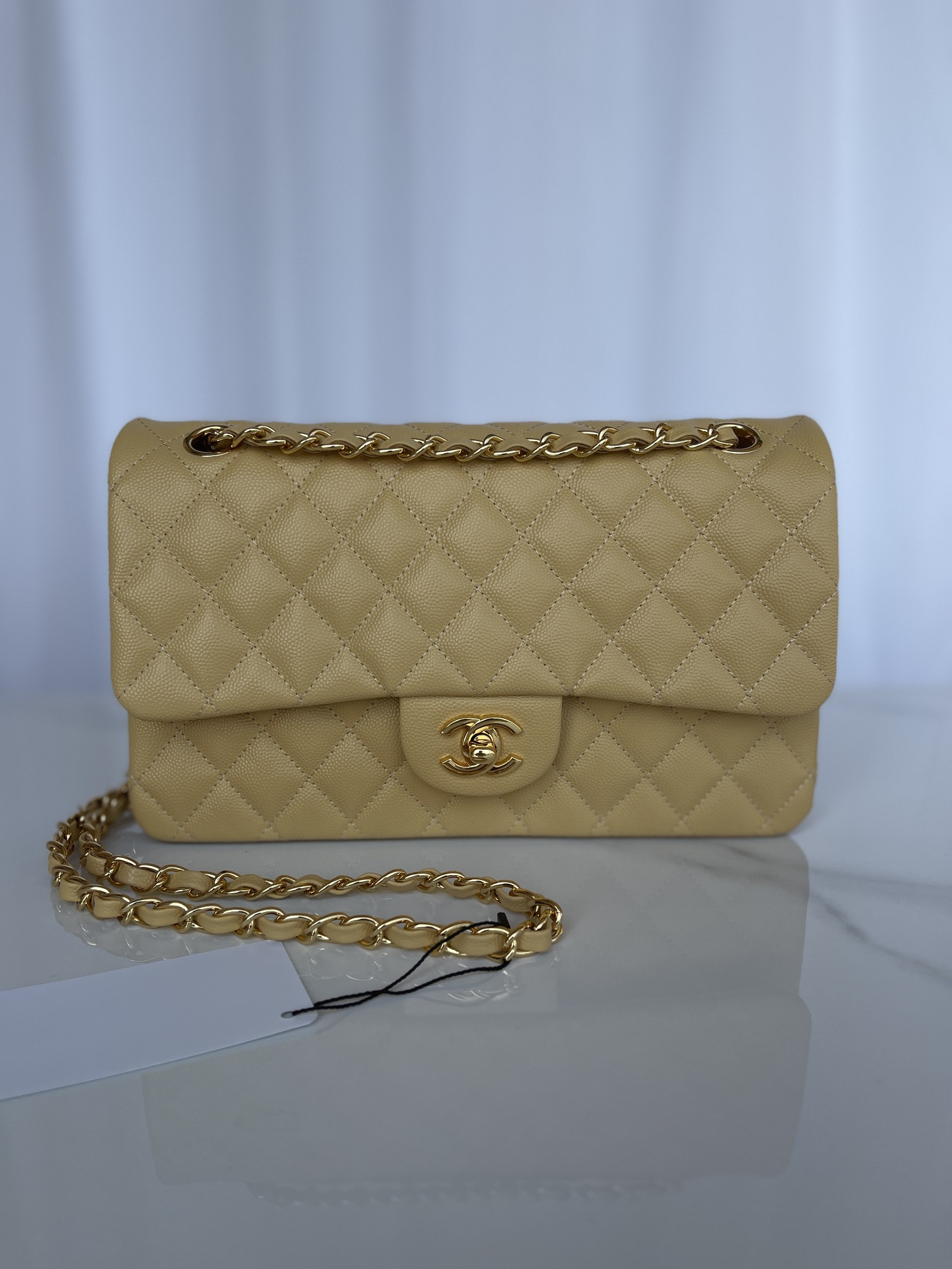 Ch*el CLASSIC HANDBAG GRAINED CALFSKIN & GOLD-TONE METAL YELLOW 6 × 9.9 × 2.5 in