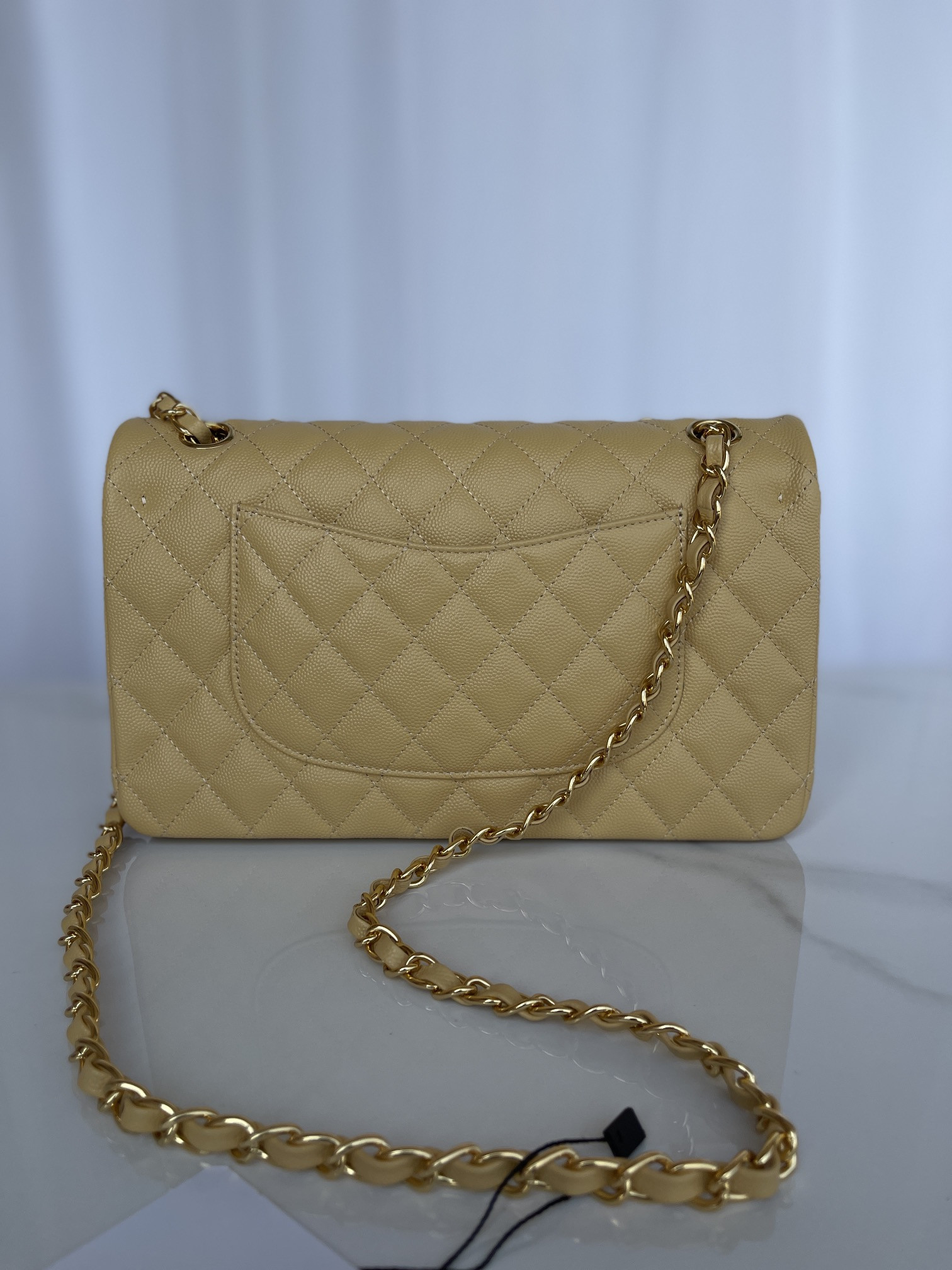 Ch*el CLASSIC HANDBAG GRAINED CALFSKIN & GOLD-TONE METAL YELLOW 6 × 9.9 × 2.5 in