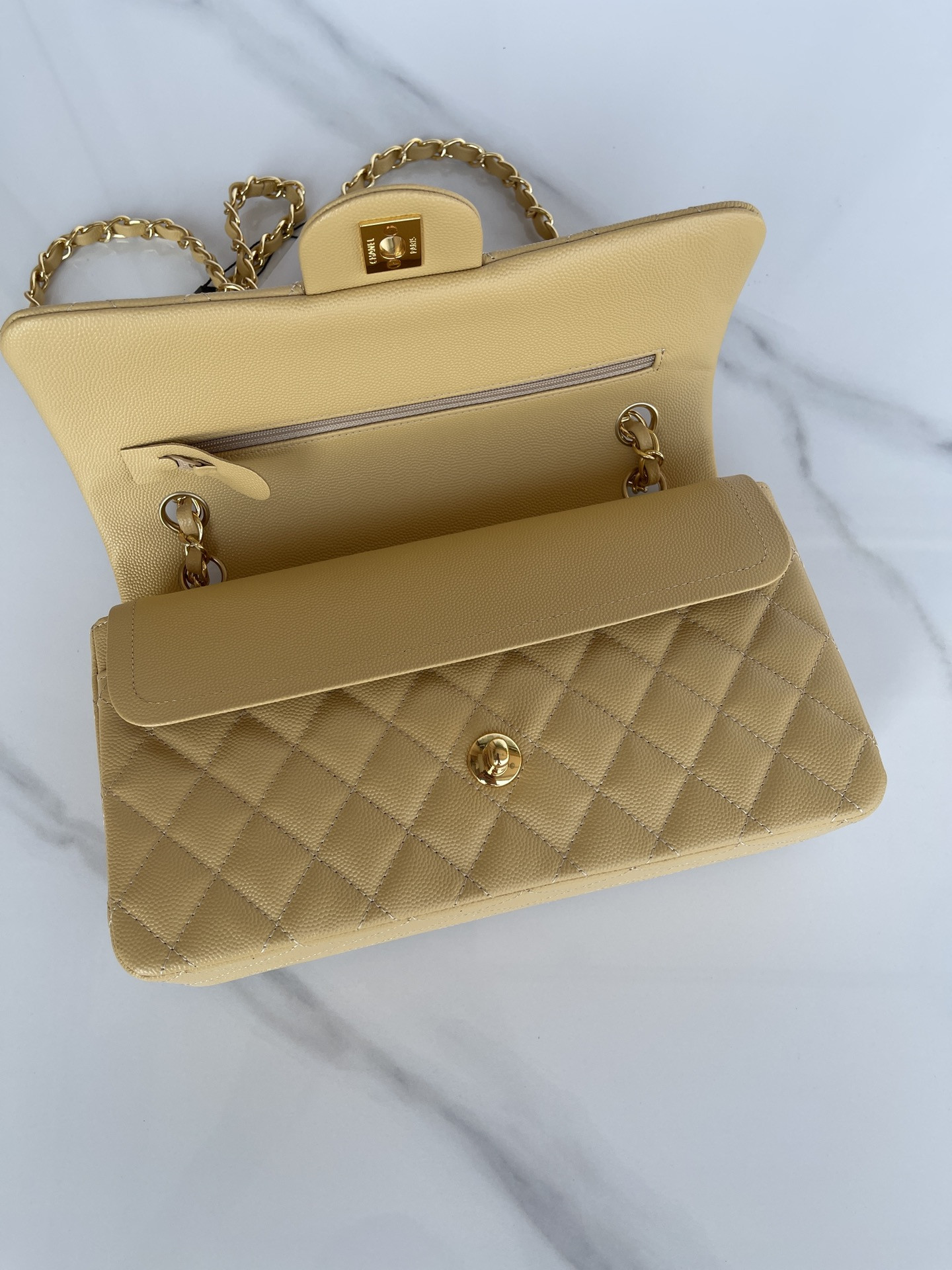 Ch*el CLASSIC HANDBAG GRAINED CALFSKIN & GOLD-TONE METAL YELLOW 6 × 9.9 × 2.5 in