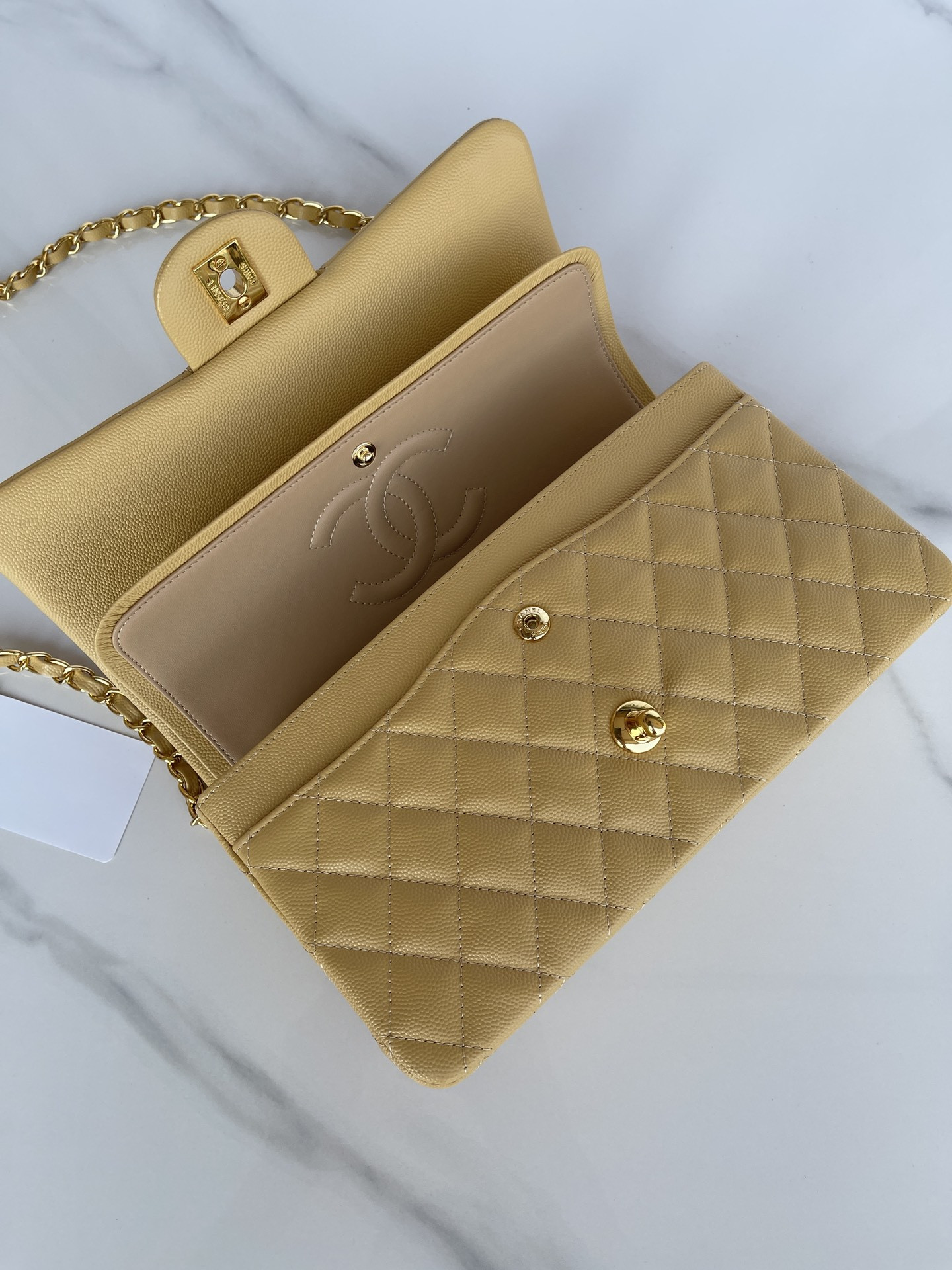 Ch*el CLASSIC HANDBAG GRAINED CALFSKIN & GOLD-TONE METAL YELLOW 6 × 9.9 × 2.5 in