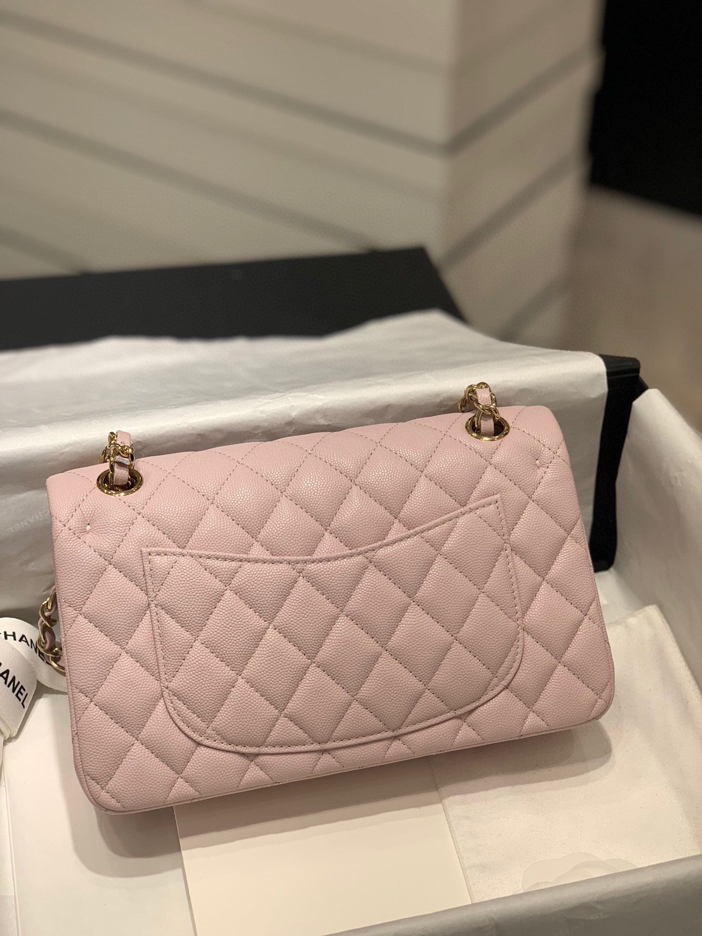 Ch*el CLASSIC HANDBAG GRAINED CALFSKIN & GOLD-TONE METAL LIGHT PINK 6 × 9.9 × 2.5 in