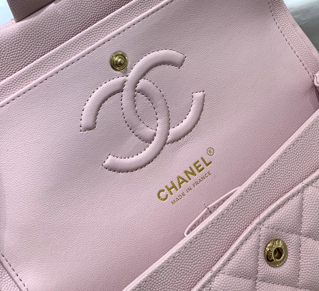 Ch*el CLASSIC HANDBAG GRAINED CALFSKIN & GOLD-TONE METAL LIGHT PINK 6 × 9.9 × 2.5 in