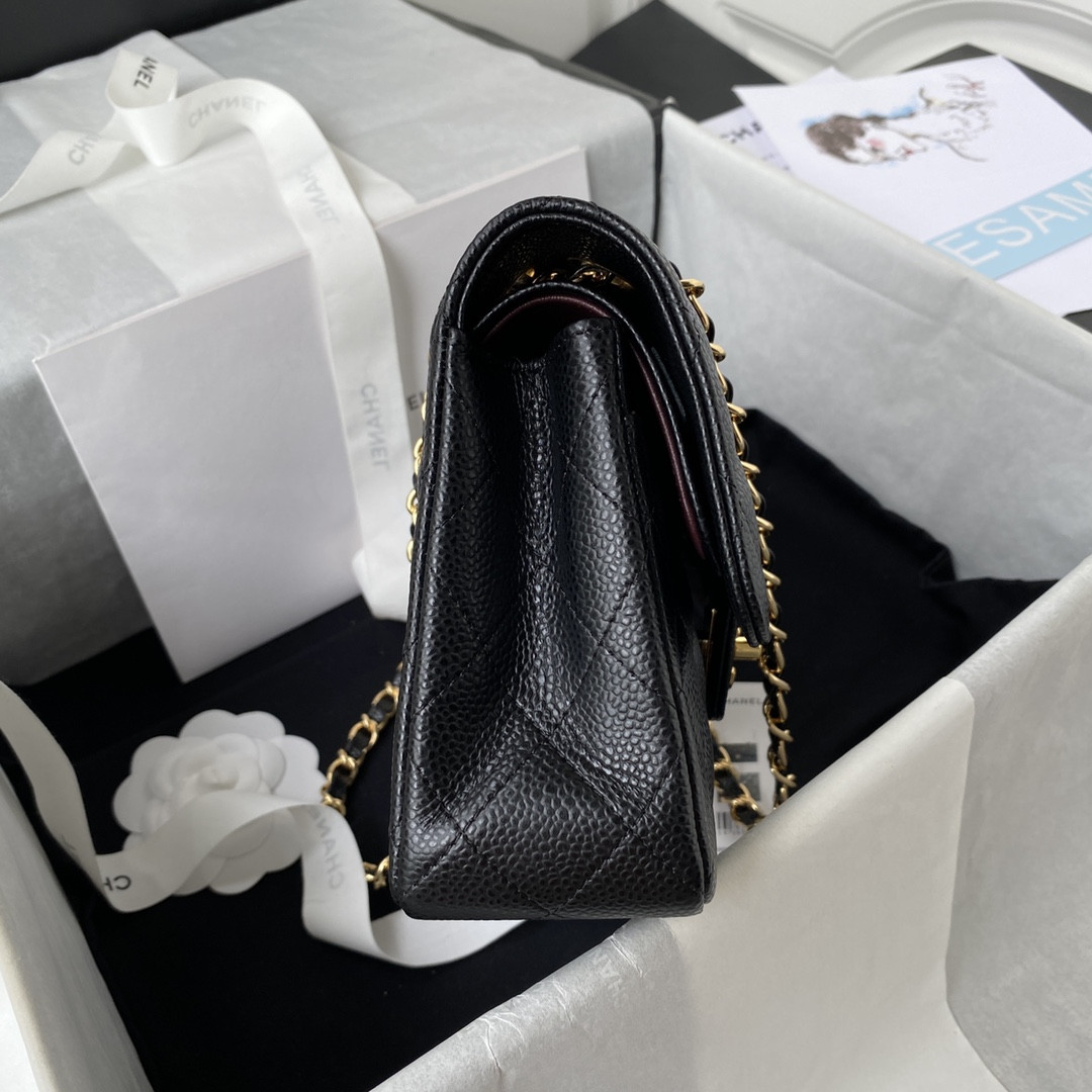 Ch*el SMALL CLASSIC HANDBAG Grained Calfskin & Gold-Tone Metal Black 5.7 × 9 × 2.3 in